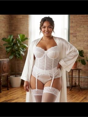 VTG GODDESS Union USA Made White Lace Longline Bridal Bustier Corset Bra 52DD